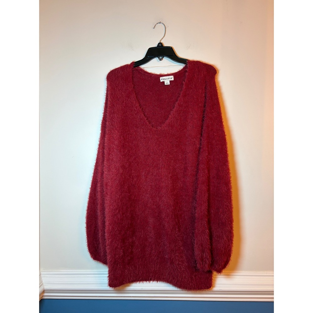 Ava & Viv Sweater Women 1X Burgundy Eyelash Knit Oversized V-Neck Fuzzy Longline